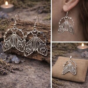 Moth Dangle‎ Earrings Witchy Gothic Boho Celestial Statement Jewelry